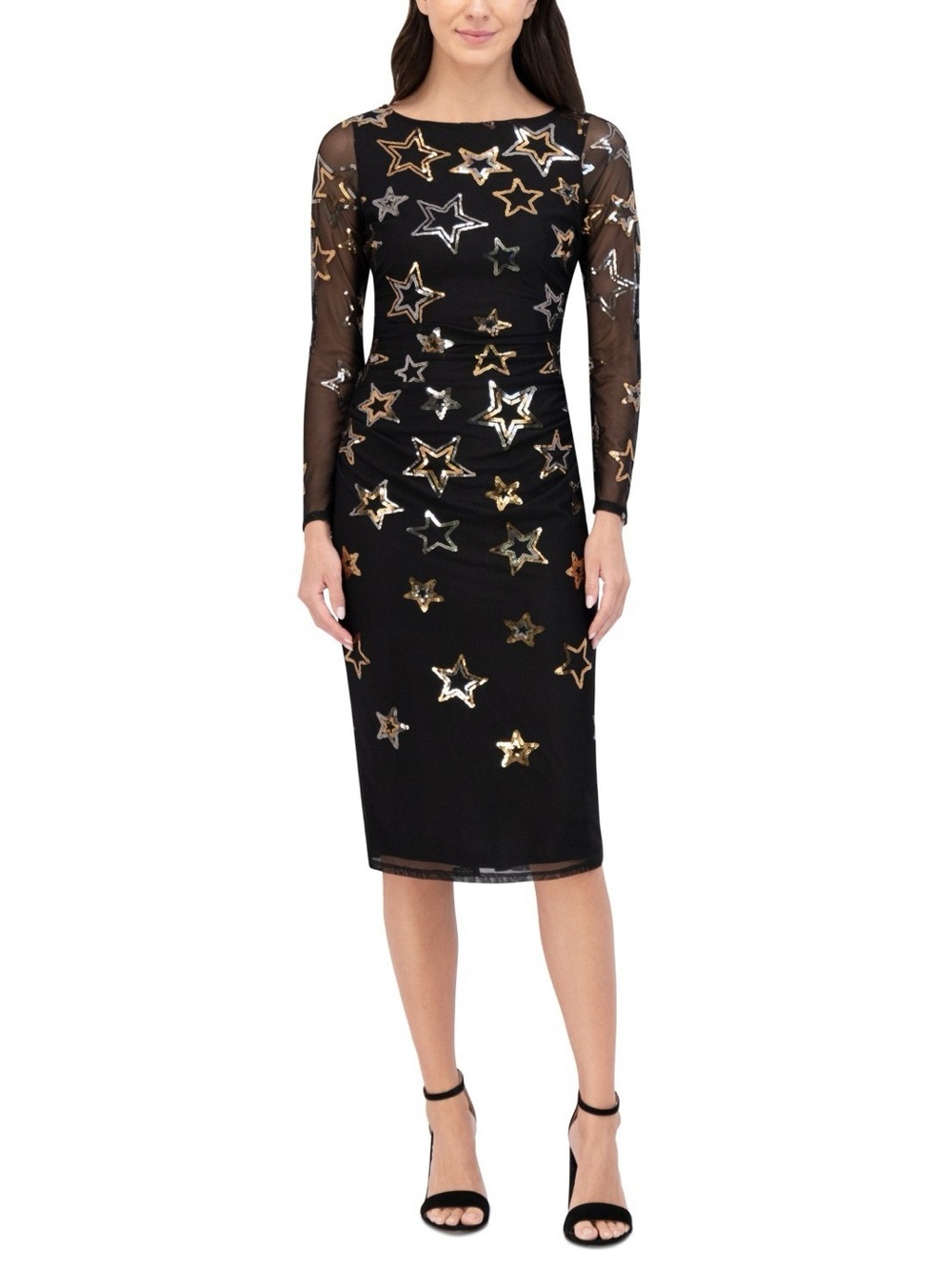 Vince Camuto Black Midi Sheath Dress with Gold & Silver Star Embellishments